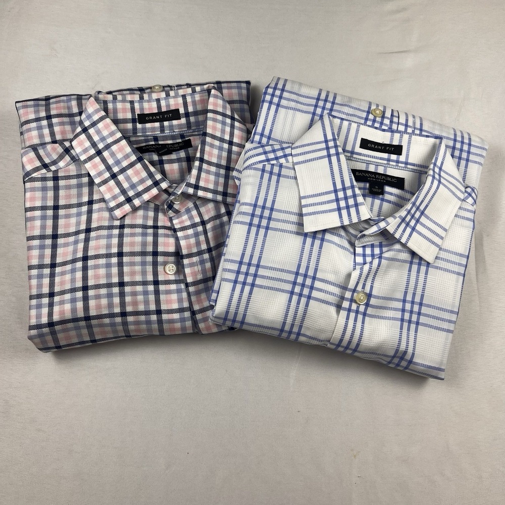 Banana Republic Grant Fit Dress Shirts Lot 2 Plaid Supima Cotton Preppy Small